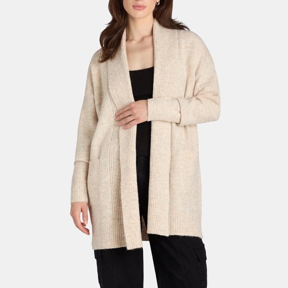 Time and Tru Sweaters - Time and Tru Beige Fuzzy Open Front Cardigan Sweater, Midweight, Size L
